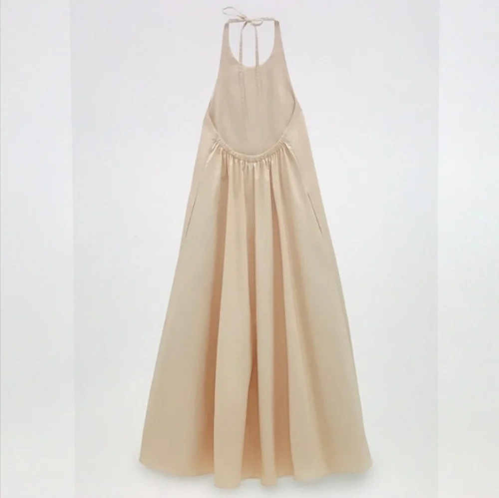 Zara Dress Size M Maxi Halter Dress Cotton- Cream Tan NWT - Picture 5 of 13
